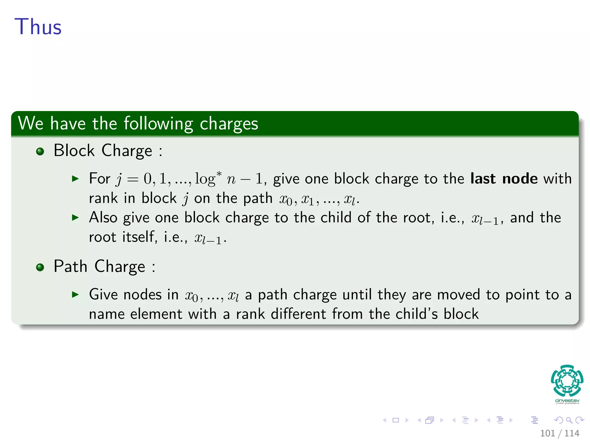 Thus
We have the following charges
Block Charge :
For j = 0, 1, ..., log∗
n − 1, give one block charge to the last node with
rank in block j on the path x0, x1, ..., xl.
Also give one block charge to the child of the root, i.e., xl−1, and the
root itself, i.e., xl−1.
Path Charge :
Give nodes in x0, ..., xl a path charge until they are moved to point to a
name element with a rank diﬀerent from the child’s block
101 / 114
 