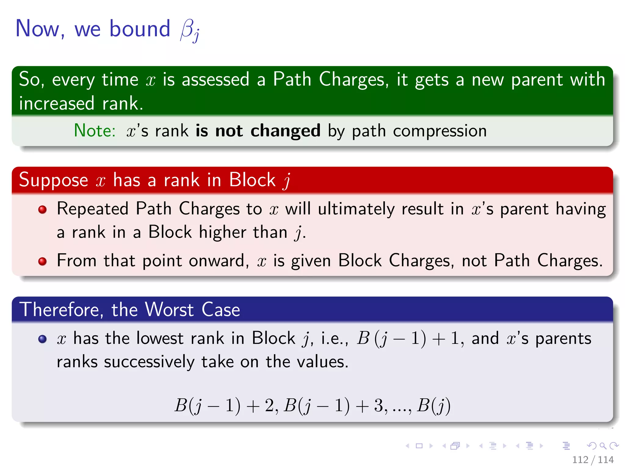 Now, we bound βj
So, every time x is assessed a Path Charges, it gets a new parent with
increased rank.
Note: x’s rank is not changed by path compression
Suppose x has a rank in Block j
Repeated Path Charges to x will ultimately result in x’s parent having
a rank in a Block higher than j.
From that point onward, x is given Block Charges, not Path Charges.
Therefore, the Worst Case
x has the lowest rank in Block j, i.e., B (j − 1) + 1, and x’s parents
ranks successively take on the values.
B(j − 1) + 2, B(j − 1) + 3, ..., B(j)
112 / 114
 