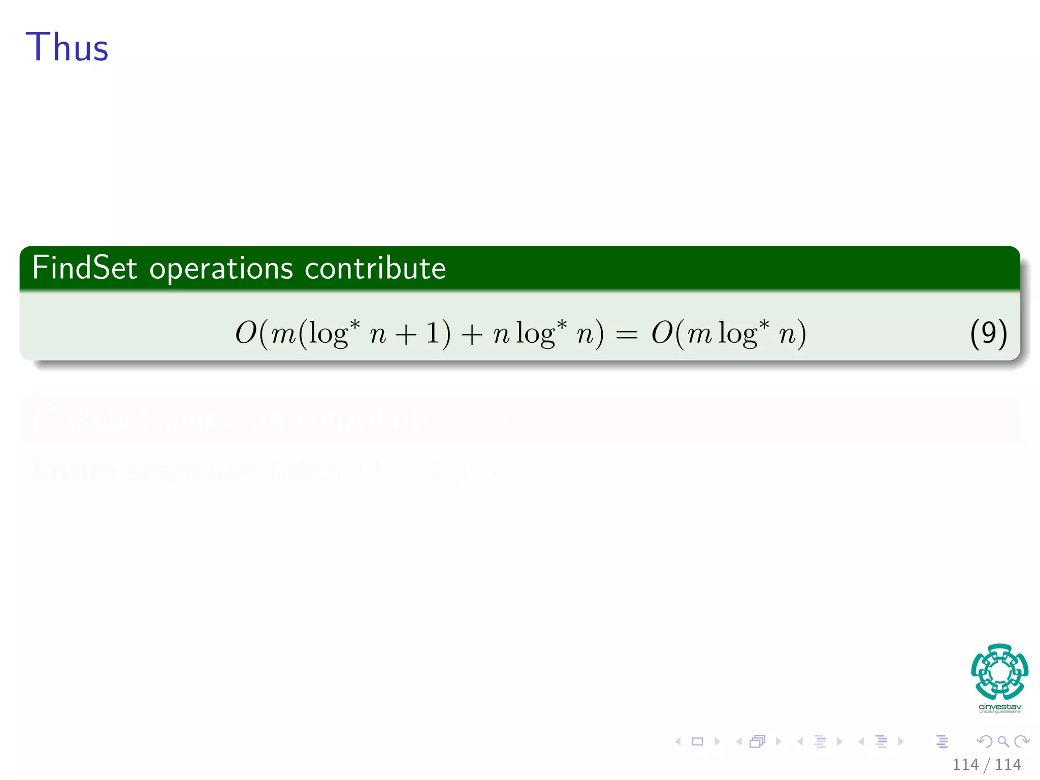 Thus
FindSet operations contribute
O(m(log∗
n + 1) + n log∗
n) = O(m log∗
n) (10)
MakeSet and Link contribute O(n)
Entire sequence takes O (m log∗
n).
114 / 114
 