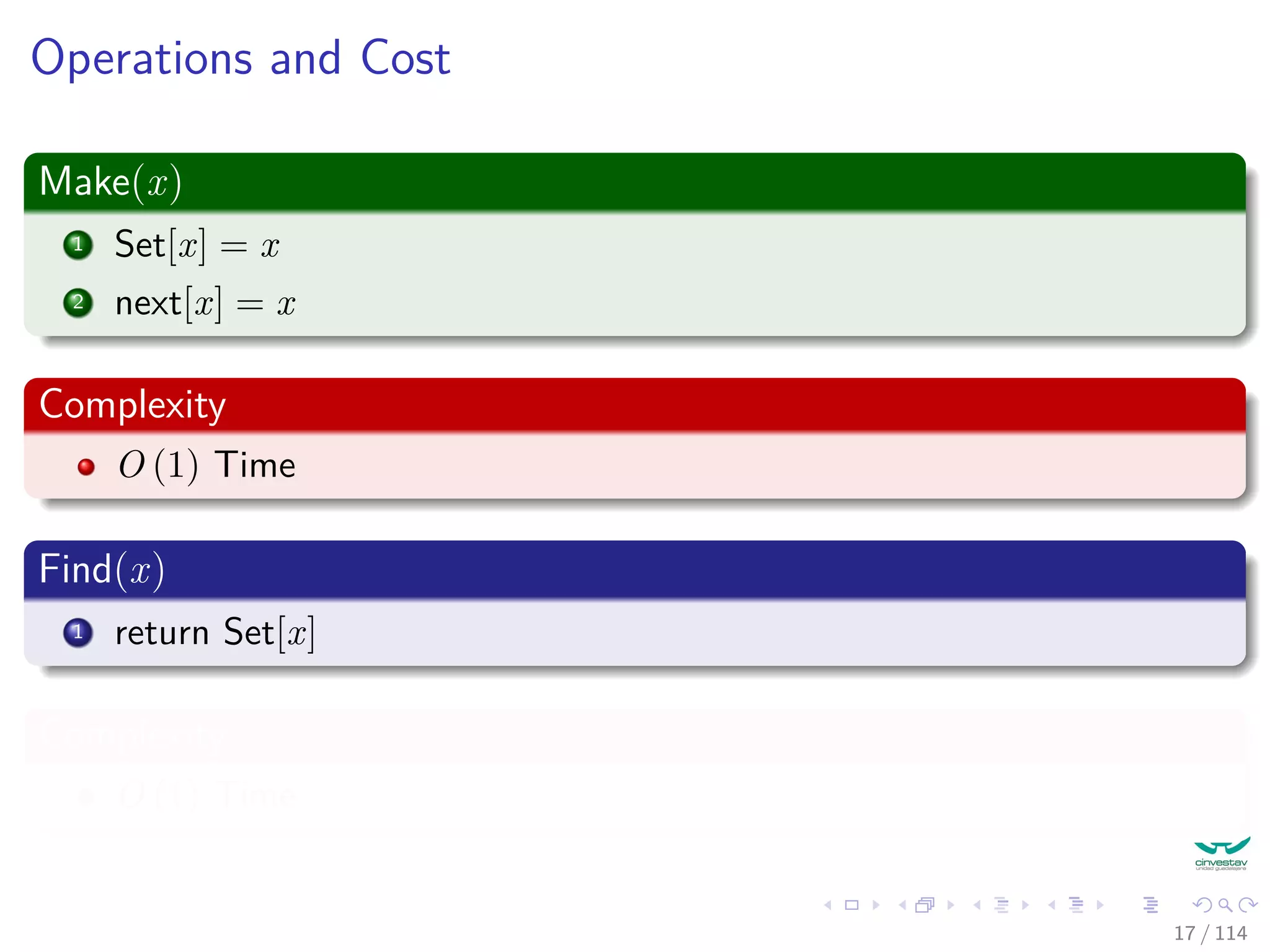 Operations and Cost
Make(x)
1 Set[x] = x
2 next[x] = x
Complexity
O (1) Time
Find(x)
1 return Set[x]
Complexity
O (1) Time
17 / 114
 