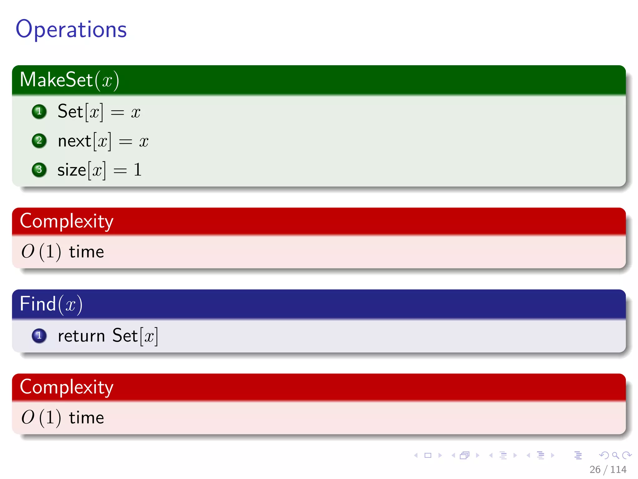 Operations
MakeSet(x)
1 Set[x] = x
2 next[x] = x
3 size[x] = 1
Complexity
O (1) time
Find(x)
1 return Set[x]
Complexity
O (1) time
26 / 114
 
