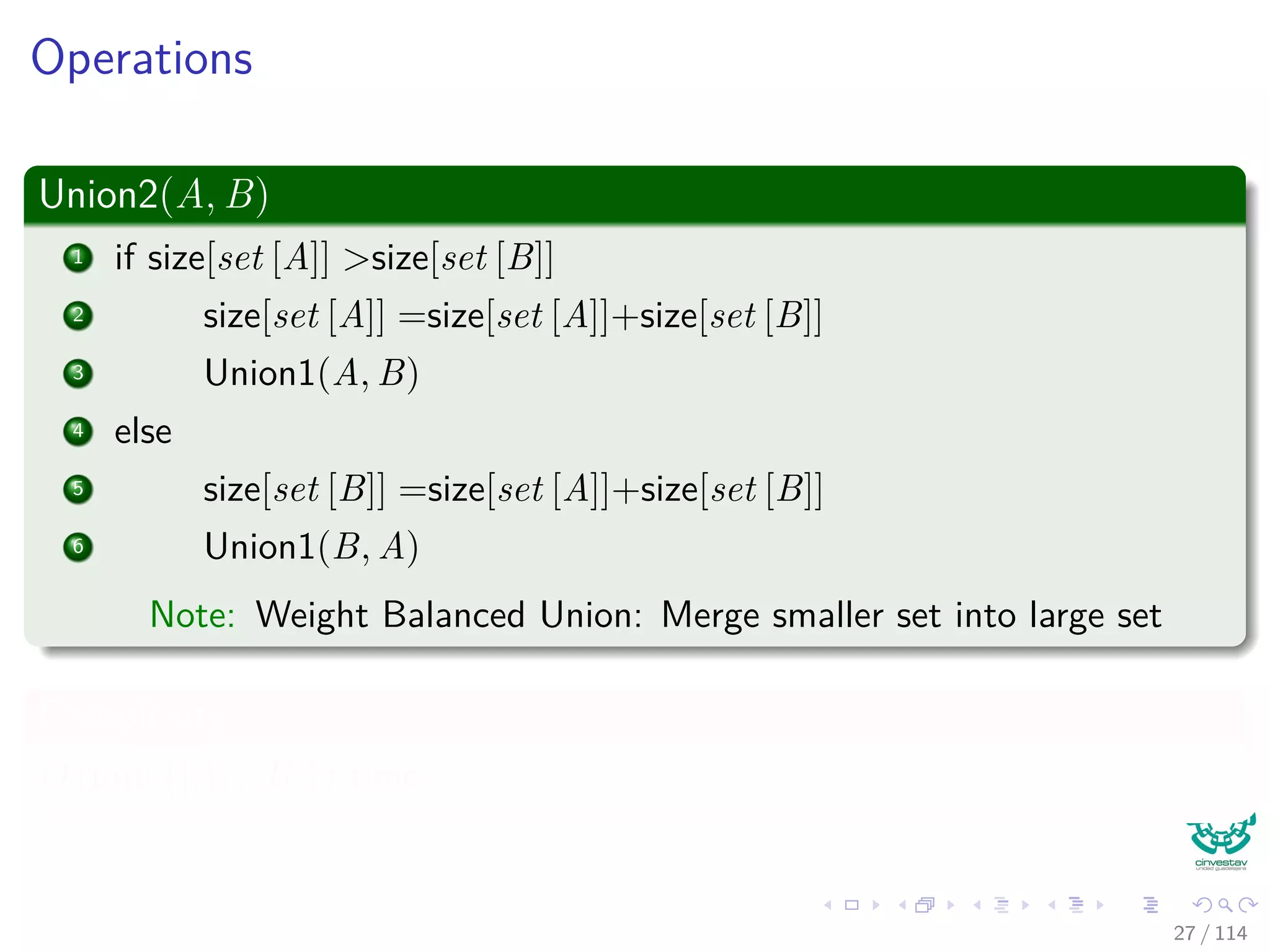 Operations
Union2(A, B)
1 if size[set [A]] >size[set [B]]
2 size[set [A]] =size[set [A]]+size[set [B]]
3 Union1(A, B)
4 else
5 size[set [B]] =size[set [A]]+size[set [B]]
6 Union1(B, A)
Note: Weight Balanced Union: Merge smaller set into large set
Complexity
O (min {|A| , |B|}) time.
27 / 114
 