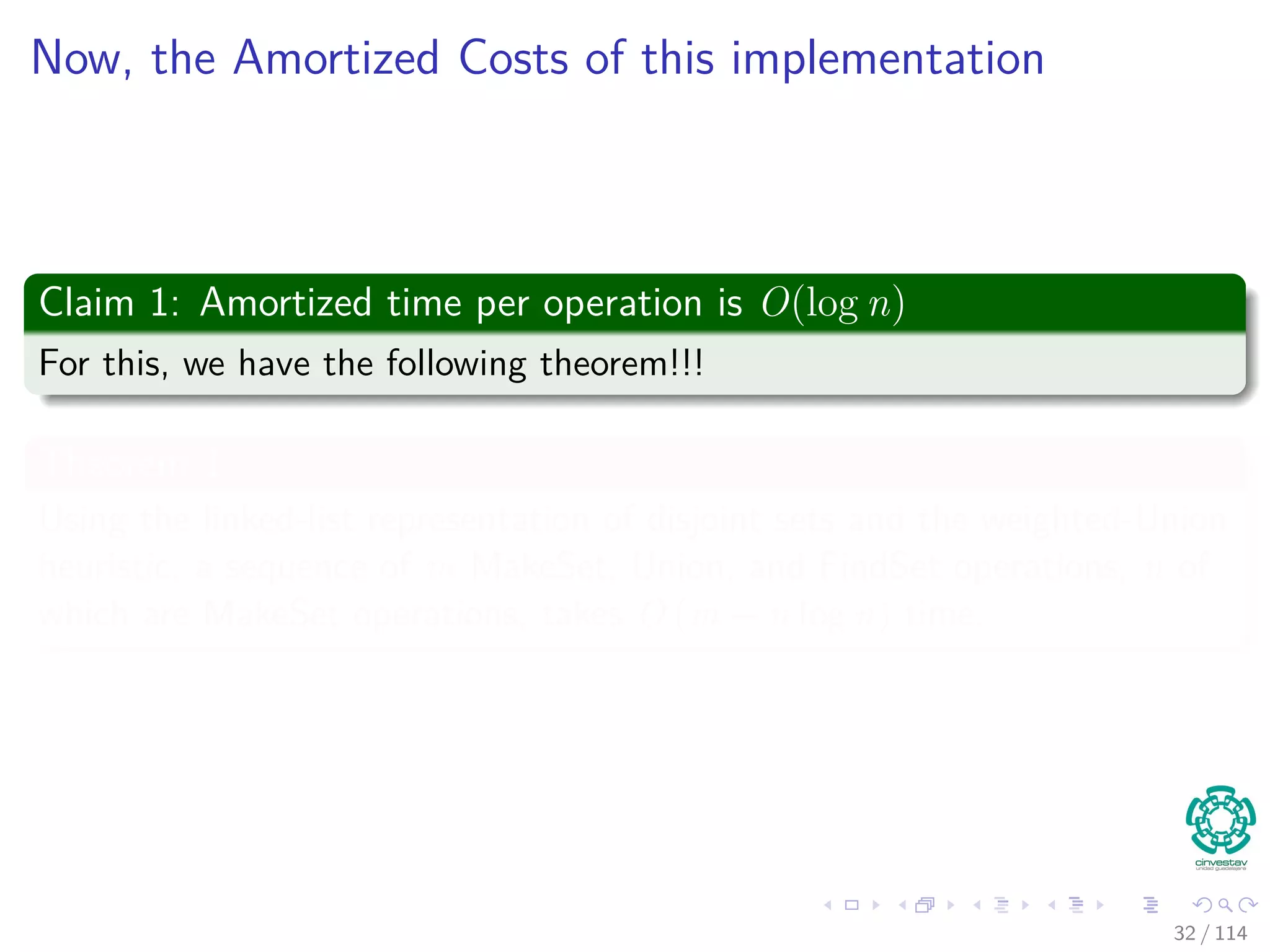 Now, the Amortized Costs of this implementation
Claim 1: Amortized time per operation is O(log n)
For this, we have the following theorem!!!
Theorem 1
Using the linked-list representation of disjoint sets and the weighted-Union
heuristic, a sequence of m MakeSet, Union, and FindSet operations, n of
which are MakeSet operations, takes O (m + n log n) time.
32 / 114
 