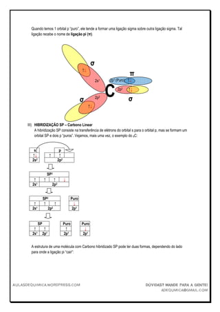 Quando temos 1 orbital p “puro”, ele tende a formar uma ligação sigma sobre outra ligação sigma. Tal
        ligação recebe o nome de ligação pi (π).




                                                               σ
                                                        ↑↓
                                                                                    π
                                                                   2s1   2p1 (Puro) ↑↓



                                                        σ          2p2   C   2p2    ↑↓

                                                                                    σ
                                                             ↑↓



      III) HIBRIDIZAÇÃO SP – Carbono Linear
           A hibridização SP consiste na transferência de elétrons do orbital s para o orbital p, mas se formam um
           orbital SP e dois p “puros”. Vejamos, mais uma vez, o exemplo do 6C:


          s                          p
         ↑↓               ↑          ↑
         2s2                        2p2


                        SP3
          ↑         ↑          ↑          ↓
         2s1                  2p3


                    SP2                          Puro
          ↑          ↑     ↑                       ↓
         2s1           2p2                        2p1


               SP                         Puro          Puro
          ↑          ↑                     ↑              ↓
         2s1        2p1                   2p1            2p1


        A estrutura de uma molécula com Carbono hibridizado SP pode ter duas formas, dependendo do lado
        para onde a ligação pi “cair”:




Aulasdequimica.wordpress.com                                                             Dúvidas? Mande para a gente!
                                                                                                adequmica@gmail.com
 