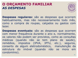 42
Despesas regulares: são as despesas que ocorrem
habitualmente, mas não necessariamente todo mês,
como a compra de roupas, calçados ou gastos com
lazer.
Despesas eventuais: são as despesas que ocorrem
com menor frequência durante o ano e, normalmente,
os valores não podem ser previstos, como as consultas
médicas (quando não se tem plano de saúde),
remédios, impostos (IPVA, IPTU, etc.), seguros,
conserto de algum eletrodoméstico, manutenção da
estrutura do imóvel (quando não se mora em
condomínio).
O ORÇAMENTO FAMILIAR
AS DESPESAS
 