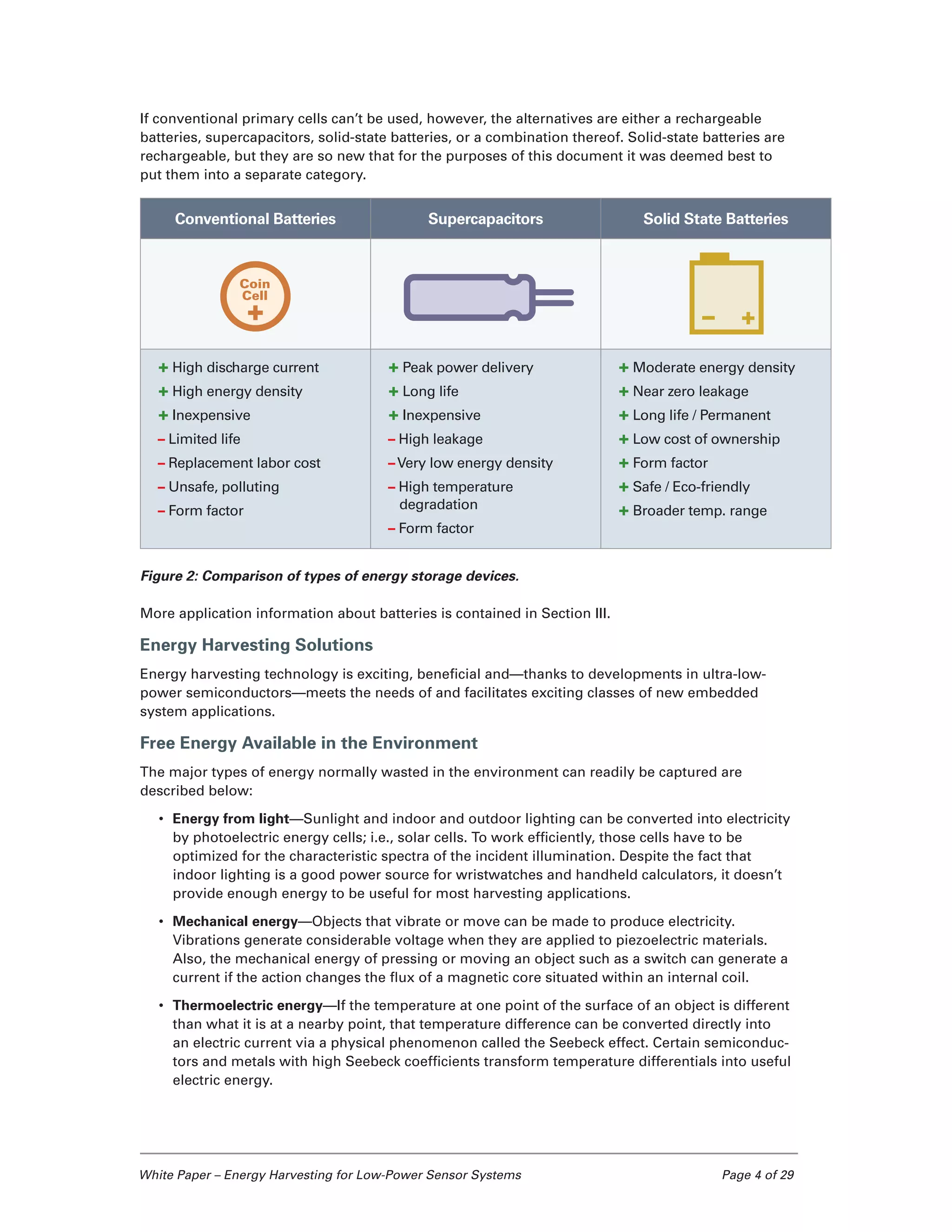 White Paper – Energy Harvesting for Low-Power Sensor Systems	 Page 4 of 29
If conventional primary cells can’t be used, however, the alternatives are either a rechargeable
batteries, supercapacitors, solid-state batteries, or a combination thereof. Solid-state batteries are
rechargeable, but they are so new that for the purposes of this document it was deemed best to
put them into a separate category.
Figure 2: Comparison of types of energy storage devices.
More application information about batteries is contained in Section III.
Energy Harvesting Solutions
Energy harvesting technology is exciting, beneficial and—thanks to developments in ultra-low-
power semiconductors—meets the needs of and facilitates exciting classes of new embedded
system applications.
Free Energy Available in the Environment
The major types of energy normally wasted in the environment can readily be captured are
described below:
•	 Energy from light—Sunlight and indoor and outdoor lighting can be converted into electricity
by photoelectric energy cells; i.e., solar cells. To work efficiently, those cells have to be
optimized for the characteristic spectra of the incident illumination. Despite the fact that
indoor lighting is a good power source for wristwatches and handheld calculators, it doesn’t
provide enough energy to be useful for most harvesting applications.
•	 Mechanical energy—Objects that vibrate or move can be made to produce electricity.
Vibrations generate considerable voltage when they are applied to piezoelectric materials.
Also, the mechanical energy of pressing or moving an object such as a switch can generate a
current if the action changes the flux of a magnetic core situated within an internal coil.
•	 Thermoelectric energy—If the temperature at one point of the surface of an object is different
than what it is at a nearby point, that temperature difference can be converted directly into
an electric current via a physical phenomenon called the Seebeck effect. Certain semiconduc-
tors and metals with high Seebeck coefficients transform temperature differentials into useful
electric energy.
Conventional Batteries Supercapacitors Solid State Batteries
+ High discharge current
+ High energy density
+ Inexpensive
– Limited life
– Replacement labor cost
– Unsafe, polluting
– Form factor
+ Peak power delivery
+ Long life
+ Inexpensive
– High leakage
–Very low energy density
– High temperature
degradation
– Form factor
+ Moderate energy density
+ Near zero leakage
+ Long life / Permanent
+ Low cost of ownership
+ Form factor
+ Safe / Eco-friendly
+ Broader temp. range
 