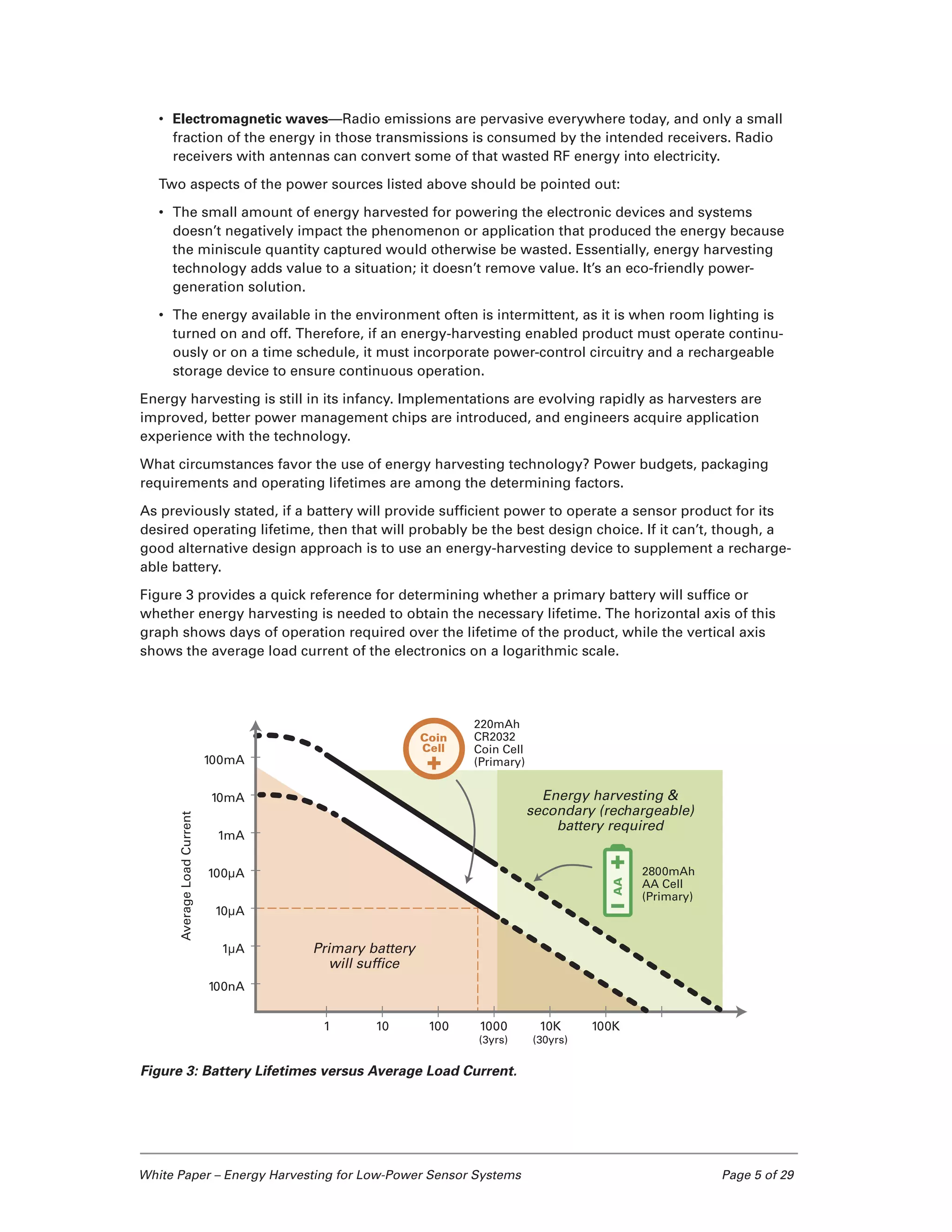 White Paper – Energy Harvesting for Low-Power Sensor Systems	 Page 5 of 29
•	 Electromagnetic waves—Radio emissions are pervasive everywhere today, and only a small
fraction of the energy in those transmissions is consumed by the intended receivers. Radio
receivers with antennas can convert some of that wasted RF energy into electricity.
Two aspects of the power sources listed above should be pointed out:
•	 The small amount of energy harvested for powering the electronic devices and systems
doesn’t negatively impact the phenomenon or application that produced the energy because
the miniscule quantity captured would otherwise be wasted. Essentially, energy harvesting
technology adds value to a situation; it doesn’t remove value. It’s an eco-friendly power-
generation solution.
•	 The energy available in the environment often is intermittent, as it is when room lighting is
turned on and off. Therefore, if an energy-harvesting enabled product must operate continu-
ously or on a time schedule, it must incorporate power-control circuitry and a rechargeable
storage device to ensure continuous operation.
Energy harvesting is still in its infancy. Implementations are evolving rapidly as harvesters are
improved, better power management chips are introduced, and engineers acquire application
experience with the technology.
What circumstances favor the use of energy harvesting technology? Power budgets, packaging
requirements and operating lifetimes are among the determining factors.
As previously stated, if a battery will provide sufficient power to operate a sensor product for its
desired operating lifetime, then that will probably be the best design choice. If it can’t, though, a
good alternative design approach is to use an energy-harvesting device to supplement a recharge-
able battery.
Figure 3 provides a quick reference for determining whether a primary battery will suffice or
whether energy harvesting is needed to obtain the necessary lifetime. The horizontal axis of this
graph shows days of operation required over the lifetime of the product, while the vertical axis
shows the average load current of the electronics on a logarithmic scale.
Figure 3: Battery Lifetimes versus Average Load Current.
1 10 100 1000 10K 100K
(3yrs) (30yrs)
AverageLoadCurrent
Energy harvesting &
secondary (rechargeable)
battery required
2800mAh
AA Cell
(Primary)
220mAh
CR2032
Coin Cell
(Primary)
Days of Operation
100mA
10mA
1mA
100µA
10µA
1µA
100nA
Primary battery
will sufﬁce
 