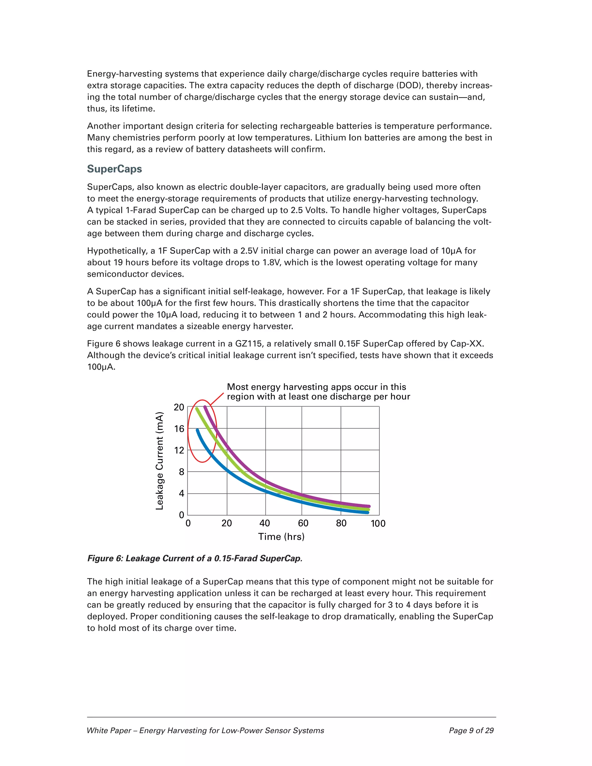 White Paper – Energy Harvesting for Low-Power Sensor Systems	 Page 9 of 29
Energy-harvesting systems that experience daily charge/discharge cycles require batteries with
extra storage capacities. The extra capacity reduces the depth of discharge (DOD), thereby increas-
ing the total number of charge/discharge cycles that the energy storage device can sustain—and,
thus, its lifetime.
Another important design criteria for selecting rechargeable batteries is temperature performance.
Many chemistries perform poorly at low temperatures. Lithium Ion batteries are among the best in
this regard, as a review of battery datasheets will confirm.
SuperCaps
SuperCaps, also known as electric double-layer capacitors, are gradually being used more often
to meet the energy-storage requirements of products that utilize energy-harvesting technology.
A typical 1-Farad SuperCap can be charged up to 2.5 Volts. To handle higher voltages, SuperCaps
can be stacked in series, provided that they are connected to circuits capable of balancing the volt-
age between them during charge and discharge cycles.
Hypothetically, a 1F SuperCap with a 2.5V initial charge can power an average load of 10µA for
about 19 hours before its voltage drops to 1.8V, which is the lowest operating voltage for many
semiconductor devices.
A SuperCap has a significant initial self-leakage, however. For a 1F SuperCap, that leakage is likely
to be about 100µA for the first few hours. This drastically shortens the time that the capacitor
could power the 10µA load, reducing it to between 1 and 2 hours. Accommodating this high leak-
age current mandates a sizeable energy harvester.
Figure 6 shows leakage current in a GZ115, a relatively small 0.15F SuperCap offered by Cap-XX.
Although the device’s critical initial leakage current isn’t specified, tests have shown that it exceeds
100µA.
Figure 6: Leakage Current of a 0.15-Farad SuperCap.
The high initial leakage of a SuperCap means that this type of component might not be suitable for
an energy harvesting application unless it can be recharged at least every hour. This requirement
can be greatly reduced by ensuring that the capacitor is fully charged for 3 to 4 days before it is
deployed. Proper conditioning causes the self-leakage to drop dramatically, enabling the SuperCap
to hold most of its charge over time.
0 20 40 60 80
Time (hrs)
LeakageCurrent(mA)
100
20
16
12
8
4
0
Most energy harvesting apps occur in this
region with at least one discharge per hour
 
