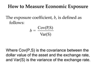 How to Measure Economic Exposure
The exposure coefficient, b, is defined as
follows:
Where Cov(P,S) is the covariance between the
dollar value of the asset and the exchange rate,
and Var(S) is the variance of the exchange rate.
Cov(P,S)
Var(S)
b =
 