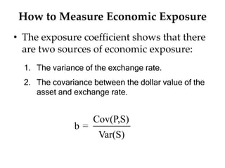 How to Measure Economic Exposure
• The exposure coefficient shows that there
are two sources of economic exposure:
Cov(P,S)
Var(S)
b =
1. The variance of the exchange rate.
2. The covariance between the dollar value of the
asset and exchange rate.
 