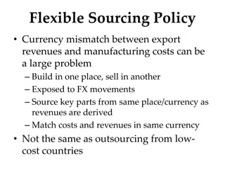 Flexible Sourcing Policy
• Currency mismatch between export
revenues and manufacturing costs can be
a large problem
– Build in one place, sell in another
– Exposed to FX movements
– Source key parts from same place/currency as
revenues are derived
– Match costs and revenues in same currency
• Not the same as outsourcing from low-
cost countries
 