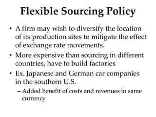 Flexible Sourcing Policy
• A firm may wish to diversify the location
of its production sites to mitigate the effect
of exchange rate movements.
• More expensive than sourcing in different
countries, have to build factories
• Ex. Japanese and German car companies
in the southern U.S.
– Added benefit of costs and revenues in same
currency
 
