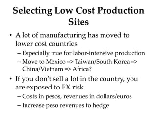 Selecting Low Cost Production
Sites
• A lot of manufacturing has moved to
lower cost countries
– Especially true for labor-intensive production
– Move to Mexico => Taiwan/South Korea =>
China/Vietnam => Africa?
• If you don’t sell a lot in the country, you
are exposed to FX risk
– Costs in pesos, revenues in dollars/euros
– Increase peso revenues to hedge
 