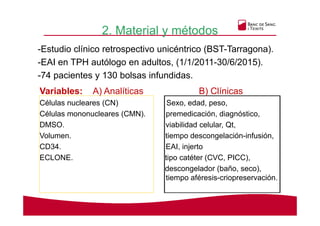 2. Material y métodos
-Estudio clínico retrospectivo unicéntrico (BST-Tarragona).
-EAI en TPH autólogo en adultos, (1/1/2011-30/6/2015).
-74 pacientes y 130 bolsas infundidas.
Variables: A) Analíticas B) Clínicas
Células nucleares (CN) Sexo, edad, peso,
Células mononucleares (CMN). premedicación, diagnóstico,
DMSO. viabilidad celular, Qt,
Volumen. tiempo descongelación-infusión,
CD34. EAI, injerto
ECLONE. tipo catéter (CVC, PICC),
descongelador (baño, seco),
tiempo aféresis-criopreservación.
 