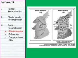 Congressional Reconstruction
Lecture 17
I. Radical
Reconstruction
II. Challenges to
Reconstruction
III. End to
Reconstruction
a. Sharecropping
b. Bulldozing
c. Compromise of
1877
 