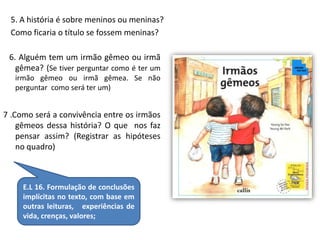 5. A história é sobre meninos ou meninas? 
Como ficaria o título se fossem meninas? 
6. Alguém tem um irmão gêmeo ou irmã 
gêmea? (Se tiver perguntar como é ter um 
irmão gêmeo ou irmã gêmea. Se não 
perguntar como será ter um) 
7 .Como será a convivência entre os irmãos 
gêmeos dessa história? O que nos faz 
pensar assim? (Registrar as hipóteses 
no quadro) 
E.L 16. Formulação de conclusões 
implícitas no texto, com base em 
outras leituras, experiências de 
vida, crenças, valores; 
 
