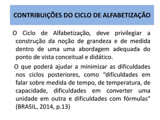CONTRIBUIÇÕES DO CICLO DE ALFABETIZAÇÃO 
O Ciclo de Alfabetização, deve privilegiar a 
construção da noção de grandeza e de medida 
dentro de uma uma abordagem adequada do 
ponto de vista conceitual e didático. 
O que poderá ajudar a minimizar as dificuldades 
nos ciclos posteriores, como “dificuldades em 
falar sobre medida de tempo, de temperatura, de 
capacidade, dificuldades em converter uma 
unidade em outra e dificuldades com fórmulas” 
(BRASIL, 2014, p.13) 
 