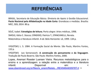REFERÊNCIAS 
BRASIL, Secretaria de Educação Básica. Diretoria de Apoio à Gestão Educacional. 
Pacto Nacional pela Alfabetização na Idade Certa: Grandezas e medidas. Brasília: 
MEC, SEB, 2014. 80 p. 
SOLÉ, Isabel. Estratégias de leitura. Porto alegre: Artes médicas, 1998. 
SMOLE; Kátia C. Stocco; CÂNDIDO, Patrícia T.; STANCANELLI, Renata. 
Matemática e literatura infantil. 4 ed. Belo Horizonte: Lê, 1999. 134 p. 
VYGOTSKY, L. S. 1984. A Formação Social da Mente. São Paulo, Martins Fontes, 
132 p. 
VYGOTSKY, Lev Semenovich. A construção do pensamento e da linguagem. 
Tradução de Paulo Bezerra. São Paulo: Martins Fontes, 2000. 
Lopes, Anemari Roesler Luersen Vieira. Recursos metodológicos para o 
ensino e a aprendizagem: a relação entre a matemática e a literatura 
infantil. Disponível em: < 
www.sbembrasil.org.br/files/ix_enem/Relato.../RE49464400978T.rtf > 
