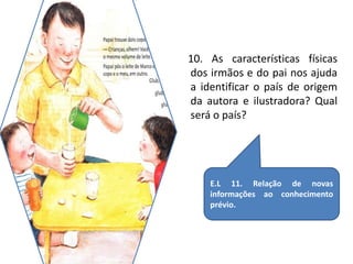 10. As características físicas 
dos irmãos e do pai nos ajuda 
a identificar o país de origem 
da autora e ilustradora? Qual 
será o país? 
E.L 11. Relação de novas 
informações ao conhecimento 
prévio. 
 