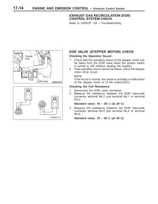 ENGINE AND EMISSION CONTROL – Emission Control System17-14
EXHAUST GAS RECIRCULATION (EGR)
CONTROL SYSTEM CHECK
Refer to GROUP 13A – Troubleshooting.
EGR VALVE (STEPPER MOTOR) CHECK
Checking the Operation Sound
1. Check that the operation sound of the stepper motor can
be heard from the EGR valve when the ignition switch
is turned to ON (without starting the engine).
2. If the operation sound cannot be heard, check the stepper
motor drive circuit.
NOTE
If the circuit is normal, the cause is probably a malfunction
of the stepper motor or of the engine-ECU.
Checking the Coil Resistance
1. Disconnect the EGR valve connector.
2. Measure the resistance between the EGR valve-side
connector terminal No.2 and terminal No.1 or terminal
No.3.
Standard value: 10 – 20 Ω (at 20_C)
3. Measure the resistance between the EGR valve-side
connector terminal No.5 and terminal No.4 or terminal
No.6.
Standard value: 10 – 20 Ω (at 20_C)
Throttle
body
EGR valve
 