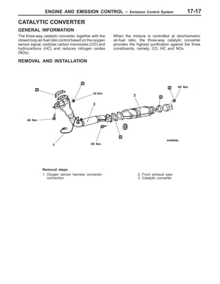 ENGINE AND EMISSION CONTROL – Emission Control System 17-17
CATALYTIC CONVERTER
GENERAL INFORMATION
The three-way catalytic converter, together with the
closed loop air-fuel ratio control based on the oxygen
sensor signal, oxidizes carbon monoxides (CO) and
hydrocarbons (HC) and reduces nitrogen oxides
(NOx).
When the mixture is controlled at stoichiometric
air-fuel ratio, the three-way catalytic converter
provides the highest purification against the three
constituents, namely, CO, HC and NOx.
REMOVAL AND INSTALLATION
49 Nm
49 Nm
34 Nm
49 Nm
1
2
3
Removal steps
1. Oxygen sensor harness connector
connection
2. Front exhaust pipe
3. Catalytic converter
 