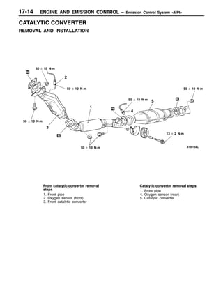 ENGINE AND EMISSION CONTROL – Emission Control System <MPI>17-14
CATALYTIC CONVERTER
REMOVAL AND INSTALLATION
1
2
4
3
5
50 ± 10 N·m
50 ± 10 N·m
50 ± 10 N·m
50 ± 10 N·m
50 ± 10 N·m
50 ± 10 N·m
13 ± 2 N·m
Front catalytic converter removal
steps
1. Front pipe
2. Oxygen sensor (front)
3. Front catalytic converter
Catalytic converter removal steps
1. Front pipe
4. Oxygen sensor (rear)
5. Catalytic converter
 