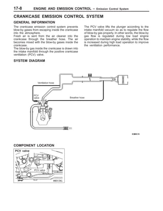 ENGINE AND EMISSION CONTROL – Emission Control System
PCV valve
PCV valve
17-8
CRANKCASE EMISSION CONTROL SYSTEM
GENERAL INFORMATION
The crankcase emission control system prevents
blow-by gases from escaping inside the crankcase
into the atmosphere.
Fresh air is sent from the air cleaner into the
crankcase through the breather hose. The air
becomes mixed with the blow-by gases inside the
crankcase.
The blow-by gas inside the crankcase is drawn into
the intake manifold through the positive crankcase
ventilation (PCV) valve.
The PCV valve lifts the plunger according to the
intake manifold vacuum so as to regulate the flow
of blow-by gas properly. In other words, the blow-by
gas flow is regulated during low load engine
operation to maintain engine stability, while the flow
is increased during high load operation to improve
the ventilation performance.
SYSTEM DIAGRAM
PCV
valve
Ventilation hose
Breather hose
COMPONENT LOCATION
 