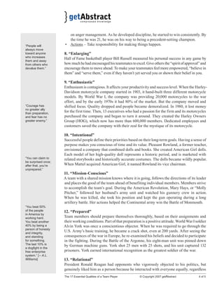 The 17 Essential Qualities of a Team Player © Copyright 2007 getAbstract 4 of 5
on anger management. As he developed discipline, he started to win consistently. By
the time he was 21, he was on his way to being a precedent-setting champion.
• Actions – Take responsibility for making things happen.
8. “Enlarging”
Hall of Fame basketball player Bill Russell measured his personal success in any game by
howmuchhehadencouragedhisteammatestoexcel.Giveothersthe“spiritofapproval”and
encourage them to move ahead. To make your teammates feel more empowered, “believe in
them” and “serve them,” even if they haven’t yet served you or shown their belief in you.
9. “Enthusiastic”
Enthusiasm is contagious. It affects your productivity and success level. When the Harley-
Davidson motorcycle company started in 1903, it hand-built three different motorcycle
models. By World War I, the company was providing 20,000 motorcycles to the war
effort, and by the early 1970s it had 80% of the market. But the company moved and
shifted focus. Quality dropped and people became demoralized. In 1980, it lost money
for the first time. Then, 13 executives who had a passion for the firm and its motorcycles
purchased the company and began to turn it around. They created the Harley Owners
Group (HOG), which now has more than 600,000 members. Dedicated employees and
customers saved the company with their zeal for the mystique of its motorcycle.
10. “Intentional”
Successful people define their priorities based on their long-term goals. Having a sense of
purpose makes you conscious of time and its value. Pleasant Rowland, a former teacher,
envisioned a company that combined dolls and books. She created American Girl dolls.
Each model of her high-quality doll represents a historic period, and is marketed with
related storybooks and historically accurate costumes. The dolls became wildly popular.
When Mattel acquired American Girl, it named Rowland its vice chairman.
11. “Mission-Conscious”
A team with a shared mission knows where it is going, follows the directions of its leader
and places the good of the team ahead of benefiting individual members. Members strive
to accomplish the team’s goal. During the American Revolution, Mary Hays, or “Molly
Pitcher,” followed her husband’s army unit and watched his gunnery crew in action.
When he was killed, she took his position and kept the gun operating during a long
artillery battle. Her actions helped the Continental army win the Battle of Monmouth.
12. “Prepared”
Team members should prepare themselves thoroughly, based on their assignments and
their working conditions. Part of that preparation is a positive attitude. World War I soldier
Alvin York was once a conscientious objector. When he was required to go through the
U.S. Army’s basic training, he became a crack shot, even at 200 yards. After seeing the
consequences of the war in Europe, he re-examined his beliefs and decided to participate
in the fighting. During the Battle of the Argonne, his eight-man unit was pinned down
by German machine guns. York shot 25 men with 25 shots, and his unit captured 132
prisoners. York earned international recognition as the greatest soldier of the war.
13. “Relational”
President Ronald Reagan had opponents who vigorously objected to his politics, but
genuinely liked him as a person because he interacted with everyone equally, regardless
“People will
always move
toward anyone
who increases
them and away
from others who
devalue them.”
“Courage has
no greater ally
than preparation,
and fear has no
greater enemy.”
“You can claim to
be surprised once;
after that, you’re
unprepared.”
“You beat 50%
of the people
in America by
working hard.
You beat another
40% by being a
person of honesty
and integrity,
and standing
for something.
The last 10% is
a dogfight in the
free enterprise
system.” [– A.L.
Williams]
 