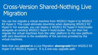 You can live migrate a virtual machine from WS2012 Hyper-V to WS2012
R2 Hyper-V. This could eliminate downtime when deploying WS2012 R2
Hyper-V. For example, you can deploy a WS2012 R2 Hyper-V host/cluster
alongside an existing WS2012 Hyper-V host/cluster. You can then live
migrate the virtual machines from the older platform to the new platform
with zero downtime to the availability of the services provided by the
virtual machines.
Note that you cannot do a Live Migration downgrade from WS2012 R2
Hyper-V to WS2012 Hyper-V. It is a one-way upgrade path.
 