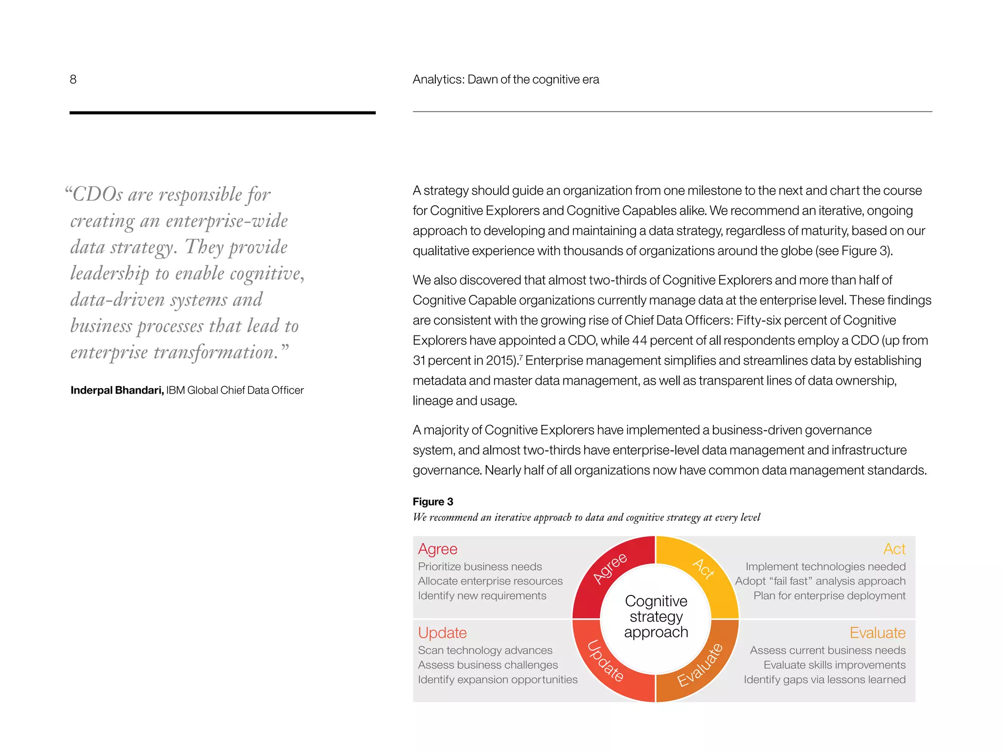 A strategy should guide an organization from one milestone to the next and chart the course
for Cognitive Explorers and Cognitive Capables alike. We recommend an iterative, ongoing
approach to developing and maintaining a data strategy, regardless of maturity, based on our
qualitative experience with thousands of organizations around the globe (see Figure 3).
We also discovered that almost two-thirds of Cognitive Explorers and more than half of
Cognitive Capable organizations currently manage data at the enterprise level. These findings
are consistent with the growing rise of Chief Data Officers: Fifty-six percent of Cognitive
Explorers have appointed a CDO, while 44 percent of all respondents employ a CDO (up from
31 percent in 2015).7
Enterprise management simplifies and streamlines data by establishing
metadata and master data management, as well as transparent lines of data ownership,
lineage and usage.
A majority of Cognitive Explorers have implemented a business-driven governance
system, and almost two-thirds have enterprise-level data management and infrastructure
governance. Nearly half of all organizations now have common data management standards.
Act
Implement technologies needed
Adopt “fail fast” analysis approach
Plan for enterprise deployment
Evaluate
Assess current business needs
Evaluate skills improvements
Identify gaps via lessons learned
Ag
ree A
ct
Upd
ate
Eval
uate
Agree
Prioritize business needs
Allocate enterprise resources
Identify new requirements
Update
Scan technology advances
Assess business challenges
Identify expansion opportunities
Cognitive
strategy
approach
Figure 3
We recommend an iterative approach to data and cognitive strategy at every level
“CDOs are responsible for
creating an enterprise-wide
data strategy. They provide
leadership to enable cognitive,
data-driven systems and
business processes that lead to
enterprise transformation.”
Inderpal Bhandari, IBM Global Chief Data Officer
8	 Analytics: Dawn of the cognitive era
 