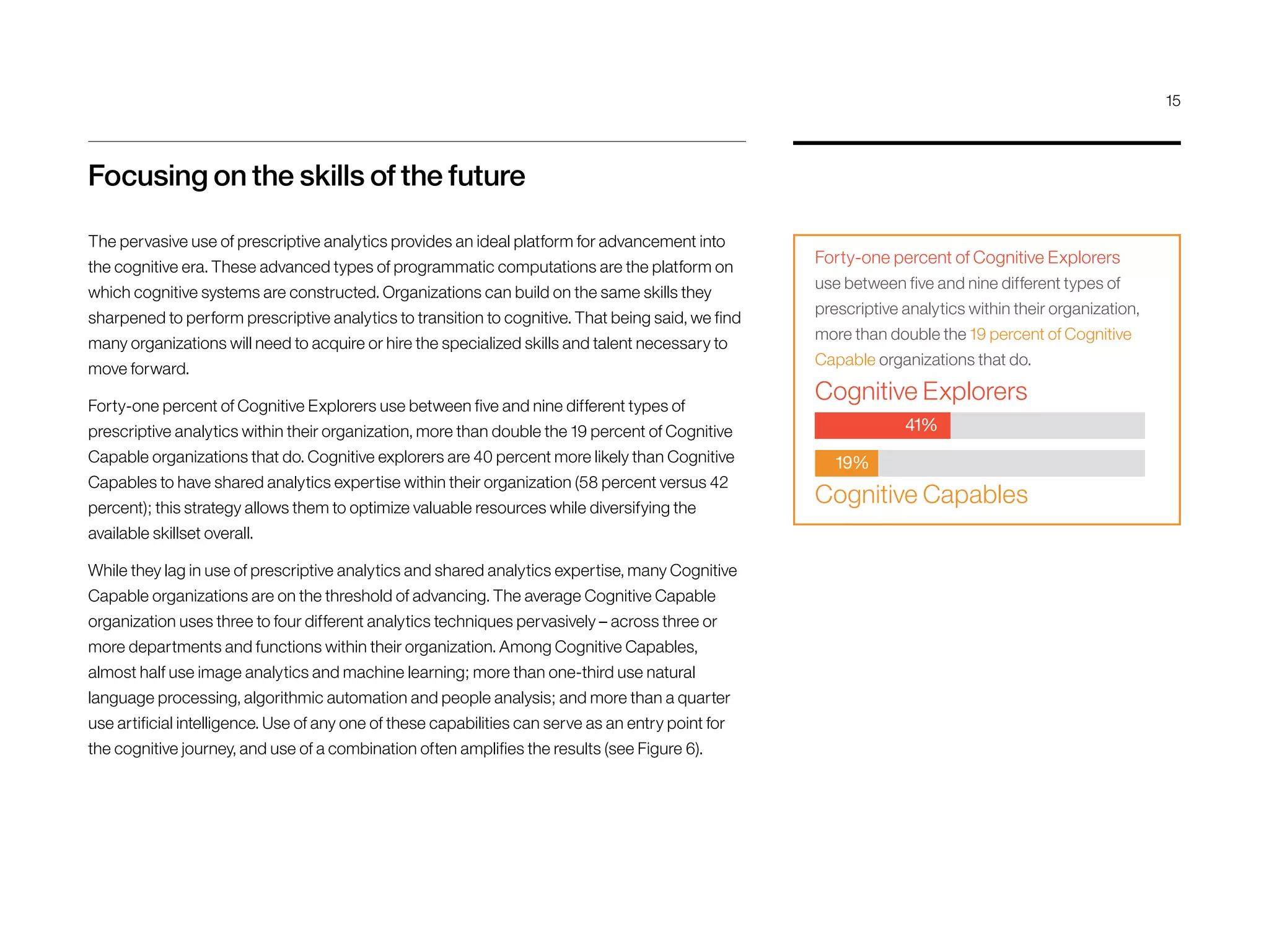Focusing on the skills of the future
The pervasive use of prescriptive analytics provides an ideal platform for advancement into
the cognitive era. These advanced types of programmatic computations are the platform on
which cognitive systems are constructed. Organizations can build on the same skills they
sharpened to perform prescriptive analytics to transition to cognitive. That being said, we find
many organizations will need to acquire or hire the specialized skills and talent necessary to
move forward.
Forty-one percent of Cognitive Explorers use between five and nine different types of
prescriptive analytics within their organization, more than double the 19 percent of Cognitive
Capable organizations that do. Cognitive explorers are 40 percent more likely than Cognitive
Capables to have shared analytics expertise within their organization (58 percent versus 42
percent); this strategy allows them to optimize valuable resources while diversifying the
available skillset overall.
While they lag in use of prescriptive analytics and shared analytics expertise, many Cognitive
Capable organizations are on the threshold of advancing. The average Cognitive Capable
organization uses three to four different analytics techniques pervasively – across three or
more departments and functions within their organization. Among Cognitive Capables,
almost half use image analytics and machine learning; more than one-third use natural
language processing, algorithmic automation and people analysis; and more than a quarter
use artificial intelligence. Use of any one of these capabilities can serve as an entry point for
the cognitive journey, and use of a combination often amplifies the results (see Figure 6).
Forty-one percent of Cognitive Explorers
use between five and nine different types of
prescriptive analytics within their organization,
more than double the 19 percent of Cognitive
Capable organizations that do.
Cognitive Explorers
Cognitive Capables
41%
19%
15
 