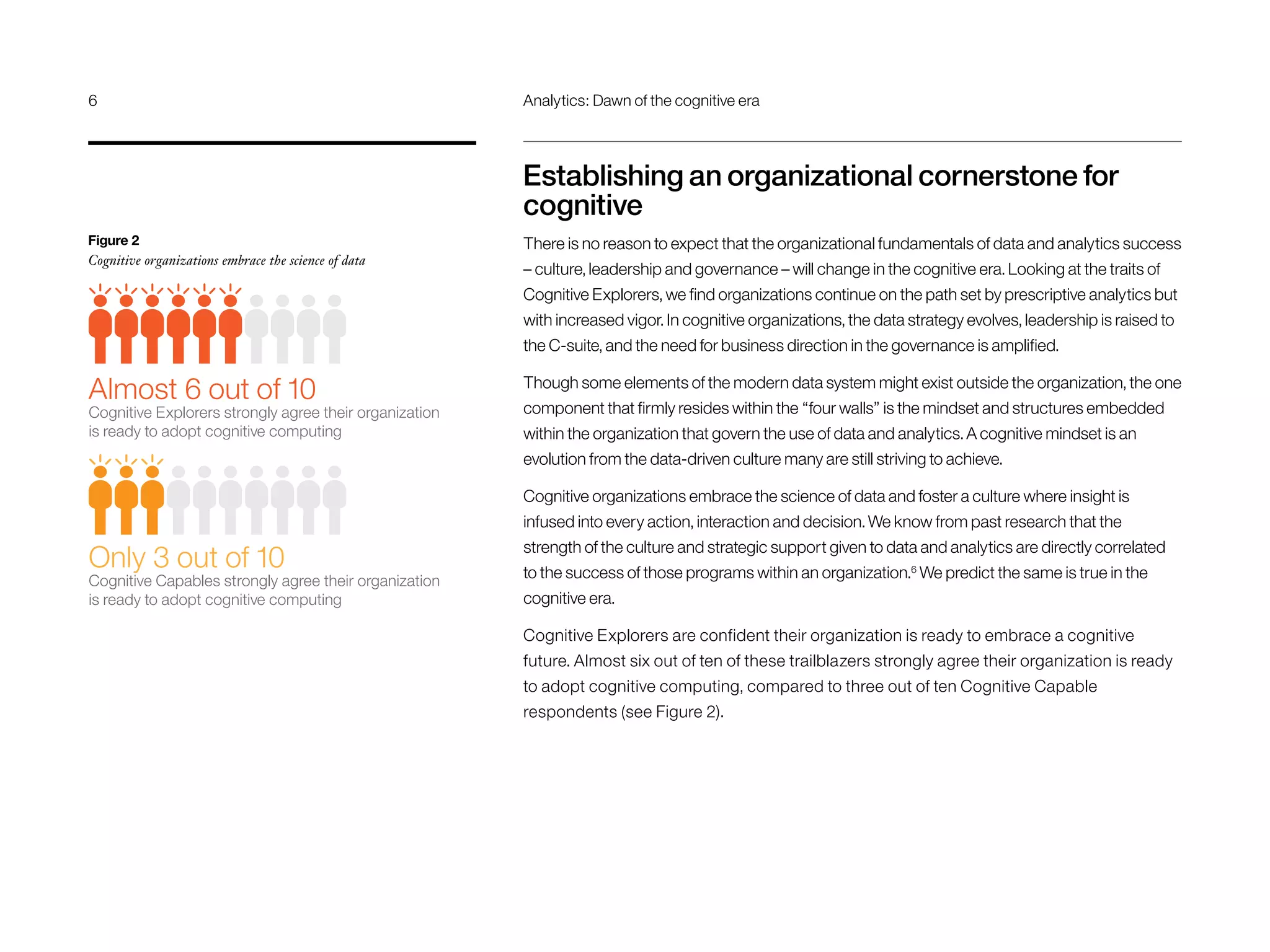 Establishing an organizational cornerstone for
cognitive
There is no reason to expect that the organizational fundamentals of data and analytics success
– culture, leadership and governance – will change in the cognitive era. Looking at the traits of
Cognitive Explorers, we find organizations continue on the path set by prescriptive analytics but
with increased vigor. In cognitive organizations, the data strategy evolves, leadership is raised to
the C-suite, and the need for business direction in the governance is amplified.
Though some elements of the modern data system might exist outside the organization, the one
component that firmly resides within the “four walls” is the mindset and structures embedded
within the organization that govern the use of data and analytics. A cognitive mindset is an
evolution from the data-driven culture many are still striving to achieve.
Cognitive organizations embrace the science of data and foster a culture where insight is
infused into every action, interaction and decision. We know from past research that the
strength of the culture and strategic support given to data and analytics are directly correlated
to the success of those programs within an organization.6
We predict the same is true in the
cognitive era.
Cognitive Explorers are confident their organization is ready to embrace a cognitive
future. Almost six out of ten of these trailblazers strongly agree their organization is ready
to adopt cognitive computing, compared to three out of ten Cognitive Capable
respondents (see Figure 2).
Figure 2
Cognitive organizations embrace the science of data
Almost 6 out of 10
Cognitive Explorers strongly agree their organization
is ready to adopt cognitive computing
Only 3 out of 10
Cognitive Capables strongly agree their organization
is ready to adopt cognitive computing
6	 Analytics: Dawn of the cognitive era
 