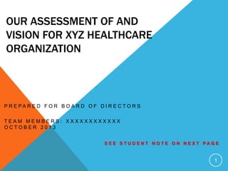 OUR ASSESSMENT OF AND
VISION FOR XYZ HEALTHCARE
ORGANIZATION
P R E P A R E D F O R B O A R D O F D I R E C T O R S
T E A M M E M B E R S : X X X X X X X X X X X X
O C T O B E R 2 0 1 3
S E E S T U D E N T N O T E O N N E X T P A G E
1
 