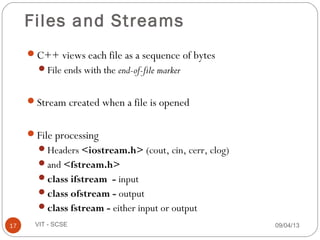 09/04/1317 VIT - SCSE
Files and Streams
C++ views each file as a sequence of bytes
File ends with the end-of-file marker
Stream created when a file is opened
File processing
Headers <iostream.h> (cout, cin, cerr, clog)
and <fstream.h>
class ifstream - input
class ofstream - output
class fstream - either input or output
 