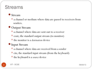 09/04/133 VIT - SCSE
Streams
Stream
a channel or medium where data are passed to receivers from
senders.
Output Stream
a channel where data are sent out to a receiver
cout; the standard output stream (to monitor)
the monitor is a destination device
Input Stream
a channel where data are received from a sender
cin; the standard input stream (from the keyboard)
the keyboard is a source device
 