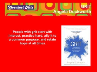 GRIT
Angela Duckworth
People with grit start with
interest, practice hard, ally it to
a common purpose, and retain
hope at...