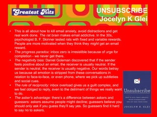 UNSUBSCRIBE
Jocelyn K Glei
• This is all about how to kill email anxiety, avoid distractions and get
real work done. The r...