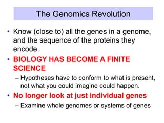 The Genomics Revolution
• Know (close to) all the genes in a genome,
and the sequence of the proteins they
encode.
• BIOLOGY HAS BECOME A FINITE
SCIENCE
– Hypotheses have to conform to what is present,
not what you could imagine could happen.
• No longer look at just individual genes
– Examine whole genomes or systems of genes
 