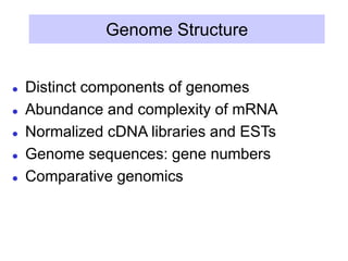 Genome Structure
 Distinct components of genomes
 Abundance and complexity of mRNA
 Normalized cDNA libraries and ESTs
 Genome sequences: gene numbers
 Comparative genomics
 