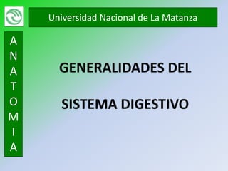 Universidad Nacional de La Matanza

A
N
A     GENERALIDADES DEL
T
O      SISTEMA DIGESTIVO
M
I
A
 