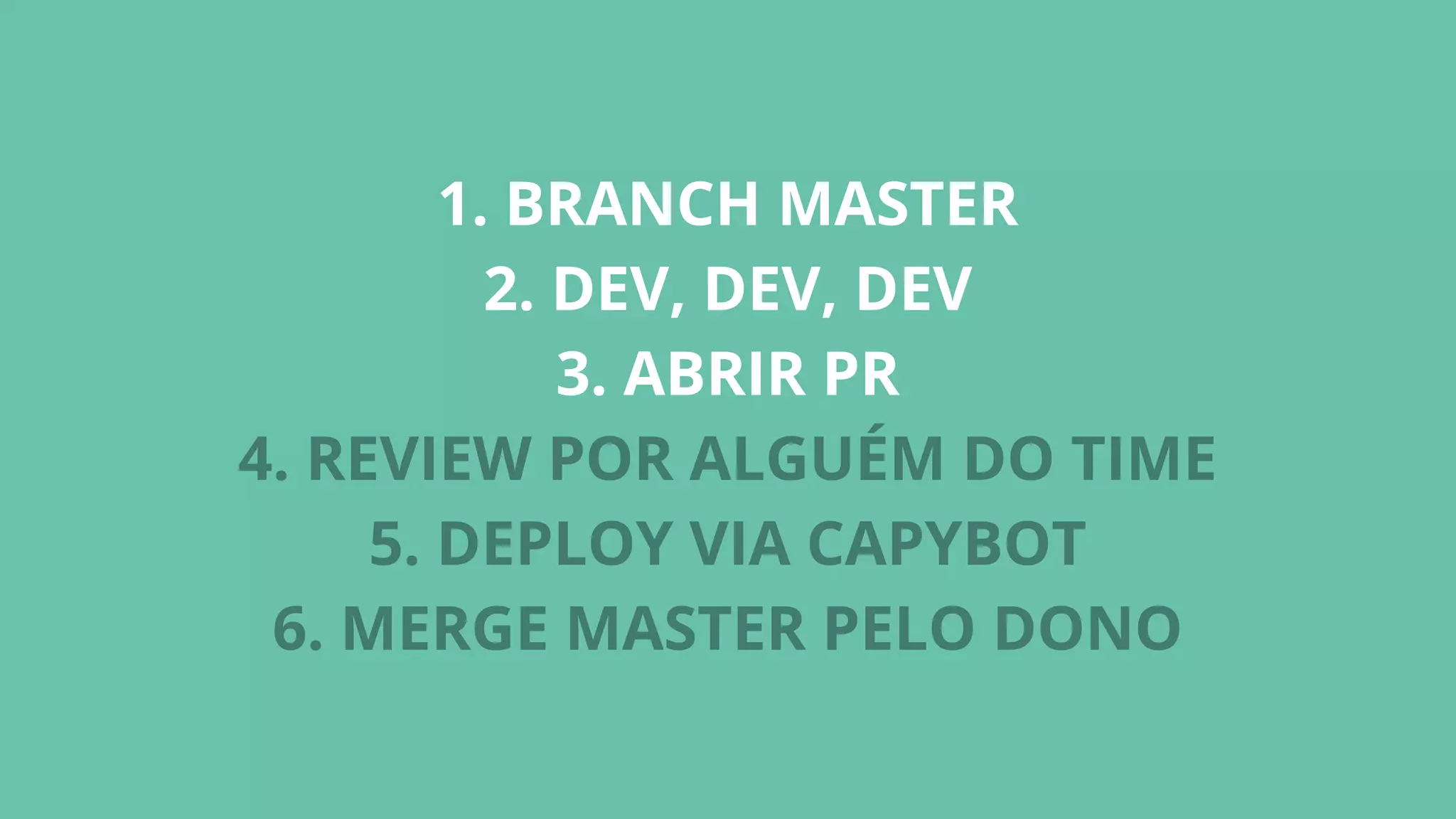 1. BRANCH MASTER
2. DEV, DEV, DEV
3. ABRIR PR
4. REVIEW POR ALGUÉM DO TIME
5. DEPLOY VIA CAPYBOT
6. MERGE MASTER PELO DONO
 