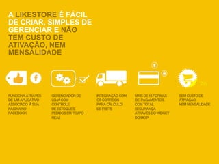A LIKESTORE É FÁCIL
DE CRIAR, SIMPLES DE
GERENCIAR E NÃO
TEM CUSTO DE
ATIVAÇÃO, NEM
MENSALIDADE




FUNCIONA ATRAVÉS   GERENCIADOR DE     INTEGRAÇÃO COM   MAIS DE 15 FORMAS   SEM CUSTO DE
DE UM APLICATIVO   LOJA COM           OS CORREIOS      DE PAGAMENTOS,      ATIVAÇÃO,
ASSOCIADO À SUA    CONTROLE           PARA CÁLCULO     COM TOTAL           NEM MENSALIDADE
PÁGINA NO          DE ESTOQUE E       DE FRETE         SEGURANÇA
FACEBOOK           PEDIDOS EM TEMPO                    ATRAVÉS DO WIDGET
                   REAL                                DO MOIP
 