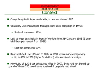 Context
 Compulsory to fit front seat-belts to new cars from 1967.
 Voluntary use encouraged through clunk-click campaign in 1970s
– Seat-belt use around 40%
 Law to wear seat-belts in front of vehicle from 31st January 1983 (3 year
trial then permanent from 1986)
– Seat belt compliance 90%
 Rear seat-belt use 17% up to 40% in 1991 when made compulsory
– Up to 85% in 2008 (higher for children) with associated campaigns
 However, of 1,432 car occupants killed in 2007, 34% had not belted up
and of these 370 could have survived if properly restrained.
SEAT BELT USE
ENFORCEMENT
32
 