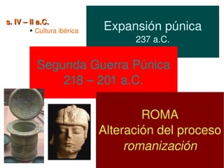 s. IV – II a.C. 
        ●   Cultura ibérica   Expansión púnica
                                    237 a.C.

            Segunda Guerra Púnica
                218 – 201 a.C.

                                      ROMA
                              Alteración del proceso
                                   romanización
                                 
 