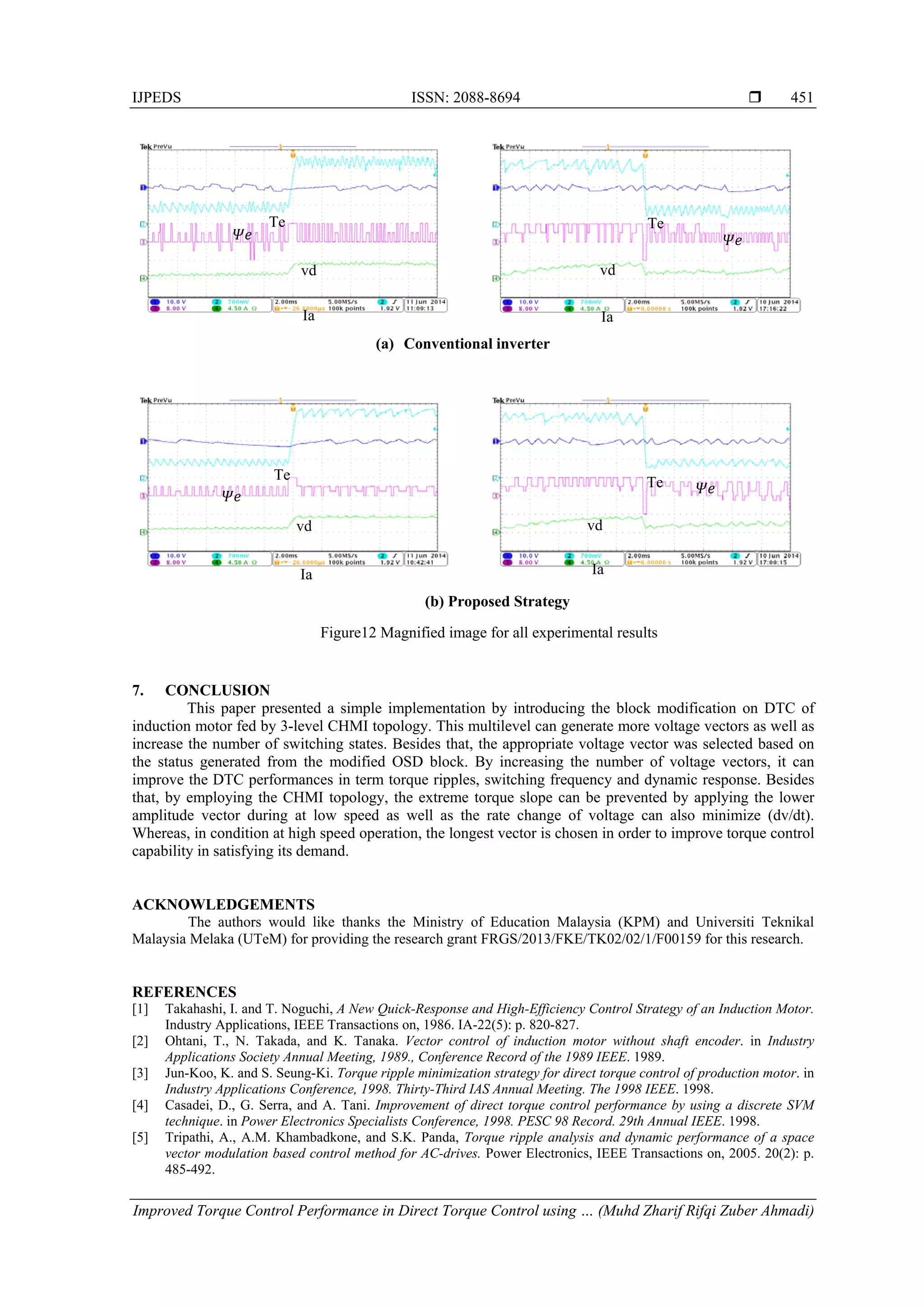IJPEDS ISSN: 2088-8694 
Improved Torque Control Performance in Direct Torque Control using … (Muhd Zharif Rifqi Zuber Ahmadi)
451
7. CONCLUSION
This paper presented a simple implementation by introducing the block modification on DTC of
induction motor fed by 3-level CHMI topology. This multilevel can generate more voltage vectors as well as
increase the number of switching states. Besides that, the appropriate voltage vector was selected based on
the status generated from the modified OSD block. By increasing the number of voltage vectors, it can
improve the DTC performances in term torque ripples, switching frequency and dynamic response. Besides
that, by employing the CHMI topology, the extreme torque slope can be prevented by applying the lower
amplitude vector during at low speed as well as the rate change of voltage can also minimize (dv/dt).
Whereas, in condition at high speed operation, the longest vector is chosen in order to improve torque control
capability in satisfying its demand.
ACKNOWLEDGEMENTS
The authors would like thanks the Ministry of Education Malaysia (KPM) and Universiti Teknikal
Malaysia Melaka (UTeM) for providing the research grant FRGS/2013/FKE/TK02/02/1/F00159 for this research.
REFERENCES
[1] Takahashi, I. and T. Noguchi, A New Quick-Response and High-Efficiency Control Strategy of an Induction Motor.
Industry Applications, IEEE Transactions on, 1986. IA-22(5): p. 820-827.
[2] Ohtani, T., N. Takada, and K. Tanaka. Vector control of induction motor without shaft encoder. in Industry
Applications Society Annual Meeting, 1989., Conference Record of the 1989 IEEE. 1989.
[3] Jun-Koo, K. and S. Seung-Ki. Torque ripple minimization strategy for direct torque control of production motor. in
Industry Applications Conference, 1998. Thirty-Third IAS Annual Meeting. The 1998 IEEE. 1998.
[4] Casadei, D., G. Serra, and A. Tani. Improvement of direct torque control performance by using a discrete SVM
technique. in Power Electronics Specialists Conference, 1998. PESC 98 Record. 29th Annual IEEE. 1998.
[5] Tripathi, A., A.M. Khambadkone, and S.K. Panda, Torque ripple analysis and dynamic performance of a space
vector modulation based control method for AC-drives. Power Electronics, IEEE Transactions on, 2005. 20(2): p.
485-492.
Figure12 Magnified image for all experimental results
(b) Proposed Strategy
(a) Conventional inverter
Ia
Te
vd
IaIa
vd
vd
Ia
Te
Te
vd
Te
 