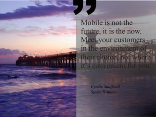 Mobile is not the
future, it is the now.
Meet your customers
in the environment of
their choice, not where
it’s convenient...