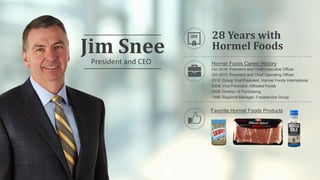 Jim Snee
President and CEO
Favorite Hormel Foods Products
28 Years with
Hormel Foods
Hormel Foods Career History
Oct 2016: President and Chief Executive Officer
Oct 2015: President and Chief Operating Officer
2012: Group Vice President, Hormel Foods International
2008: Vice President, Affiliated Foods
2006: Director of Purchasing
1996: Regional Manager, Foodservice Group
 