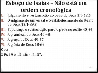 20
Acaz pede o auxílio da Assíria, Tiglate-Pileser III,
que toma Damasco e 3/4 de Israel, deixando Samaria.
O preço pelo auxílio foi Judá perder sua independência.
Acaz viu-se obrigado a reconhecer os deuses assírios
como seus libertadores e a prestar-lhes culto (2 Cr
28.23,24), apresentar-se ao rei assírio para prestar-lhe
obediência e pagar pesados tributos (2Cr 28.21).
O aumento dos impostos pagos pelo povo, aumentou as
injustiças que antes já eram denunciadas por Isaias.
Nesse contexto, a religião oficial procurava encobrir os
problemas com grandes festas.
 