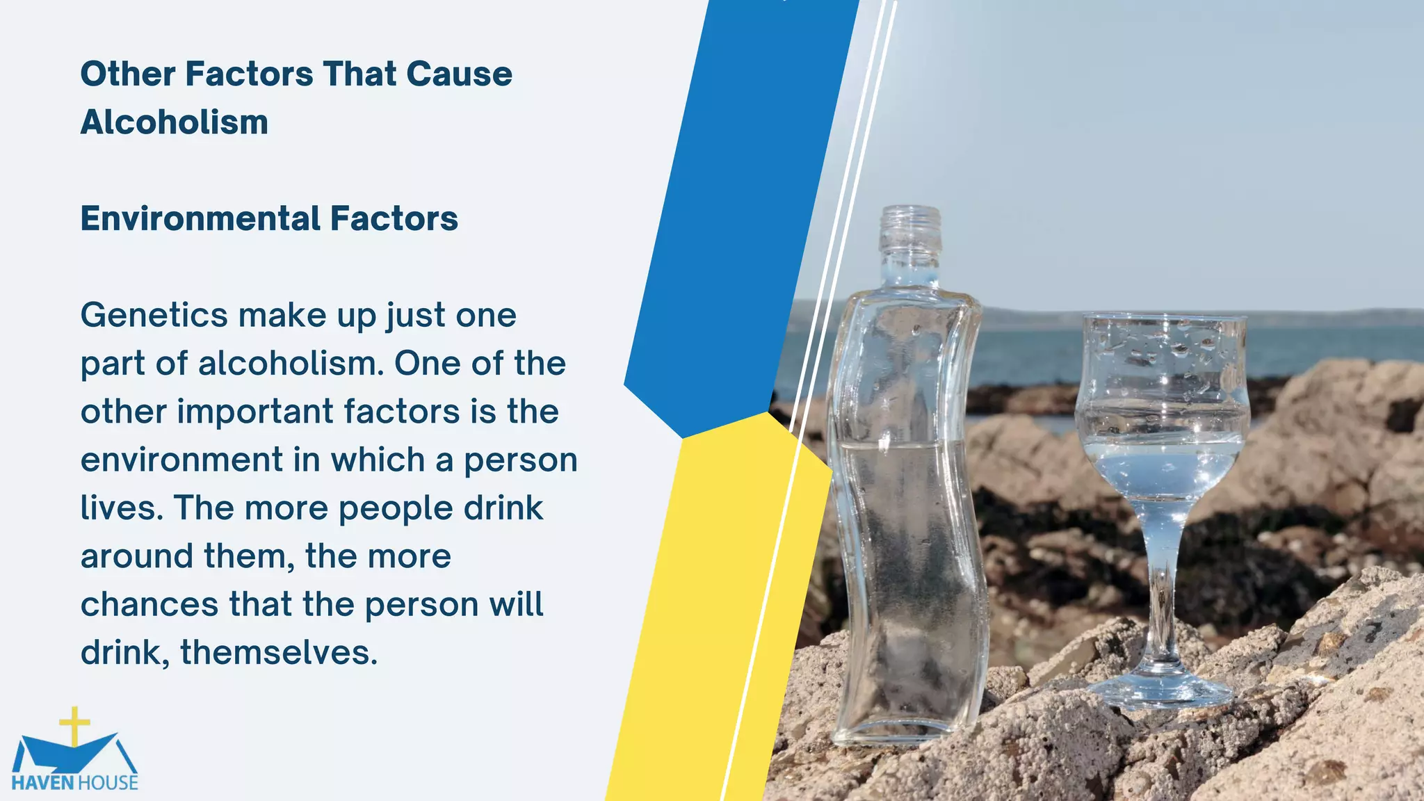 Other Factors That Cause
Alcoholism
Environmental Factors
Genetics make up just one
part of alcoholism. One of the
other important factors is the
environment in which a person
lives. The more people drink
around them, the more
chances that the person will
drink, themselves.
 