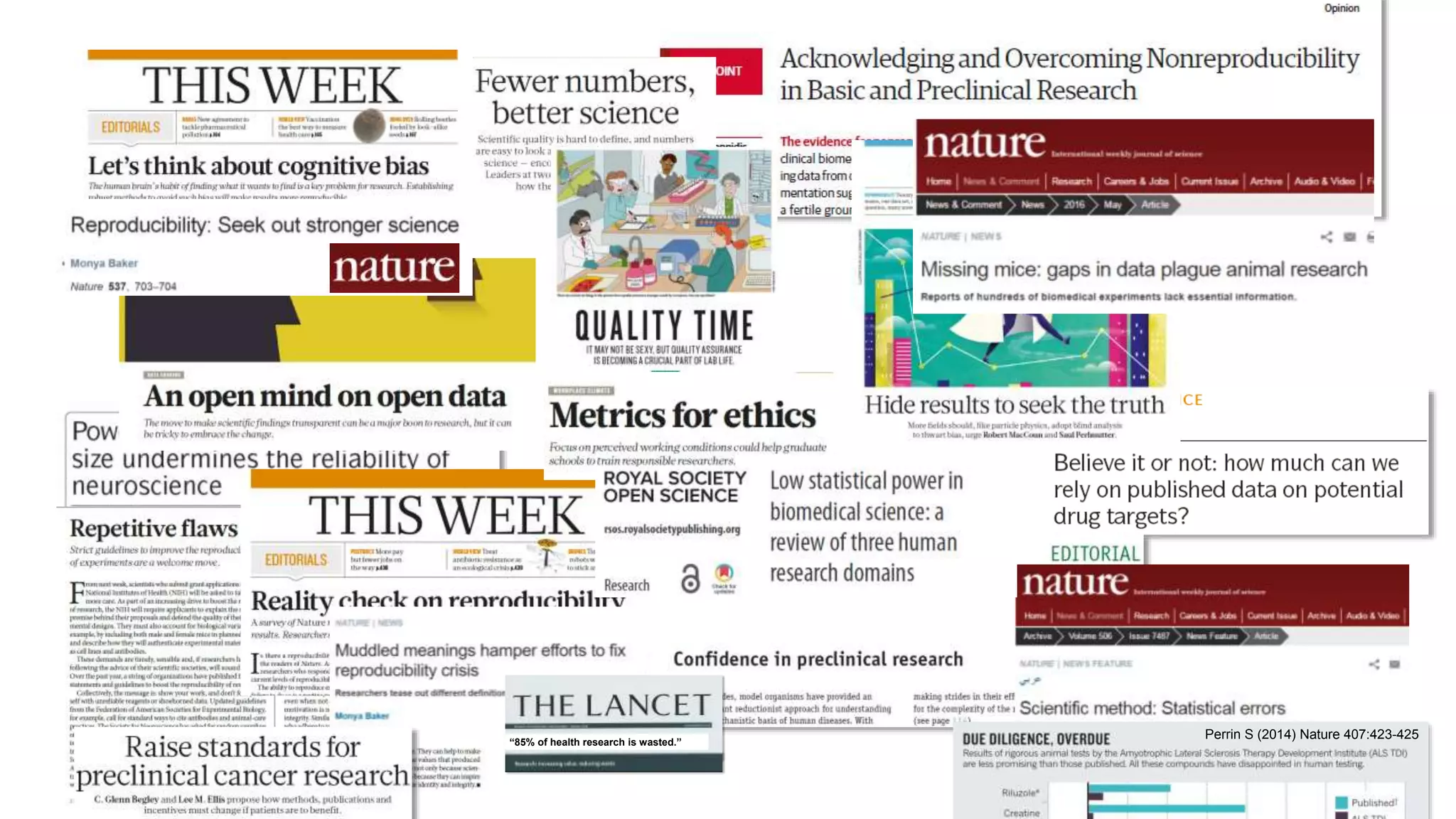 “85% of health research is wasted.”
Perrin S (2014) Nature 407:423-425
 